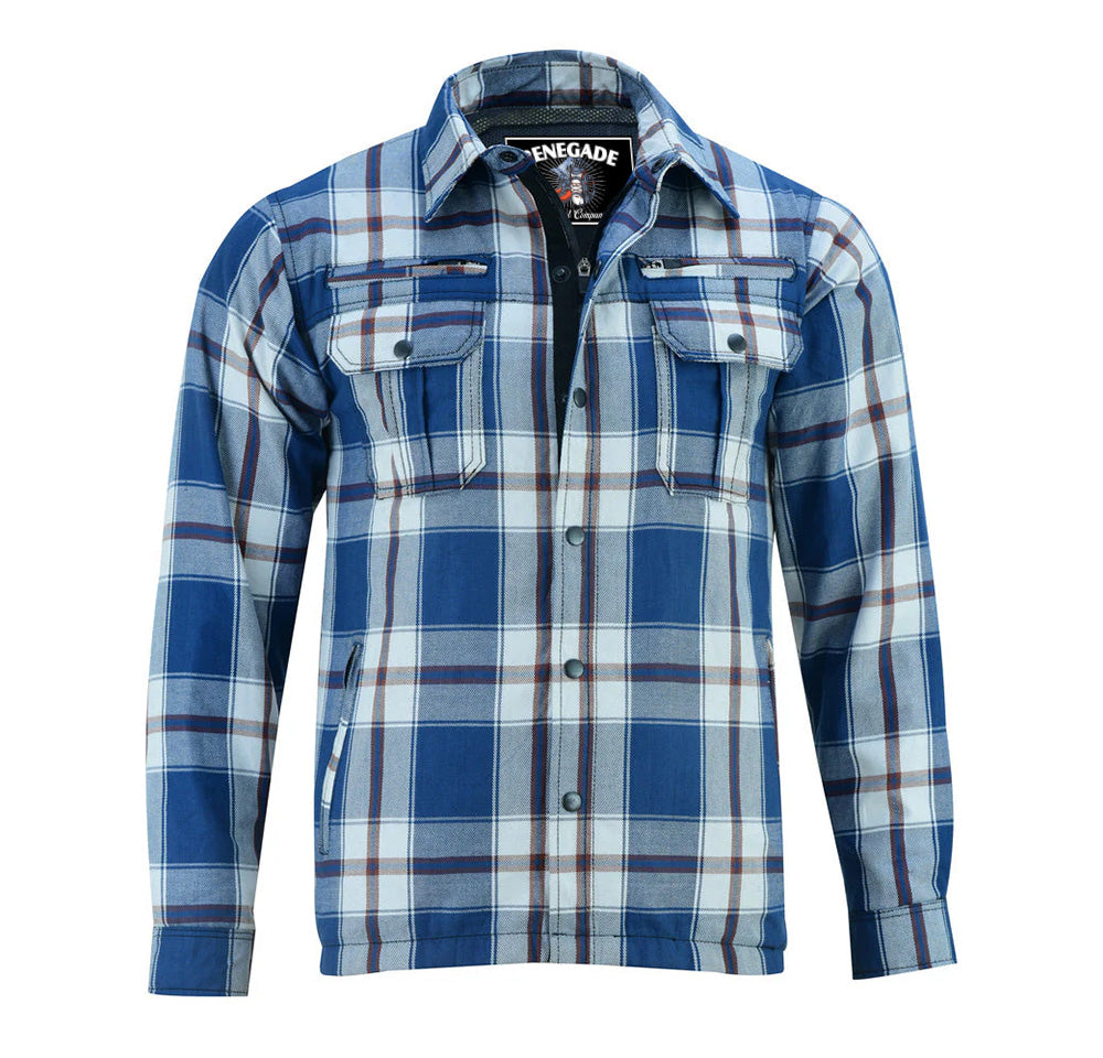 Alpha Check Men's  Armored Motorcycle Flannel Shirt - Blue/White/Maroon