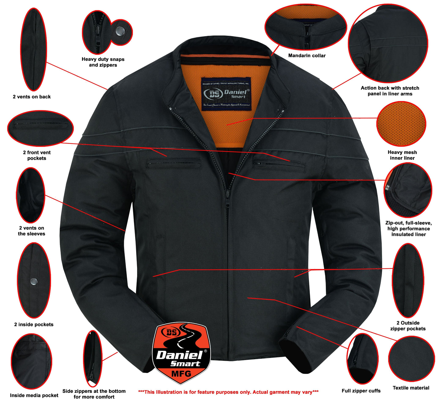 All-Season Men's Textile  Motorcycle Jacket with Reflective Stripes