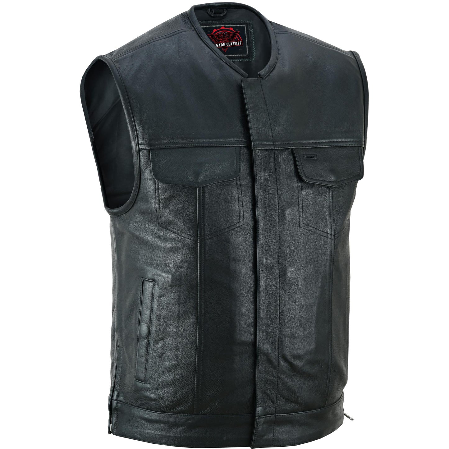 Men's Black Leather Motorcycle Vest with Upgraded Style