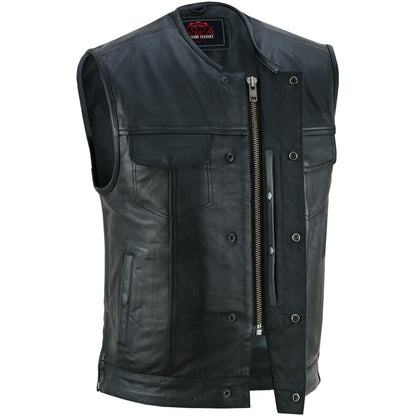 Men's Black Leather Motorcycle Vest with Upgraded Style
