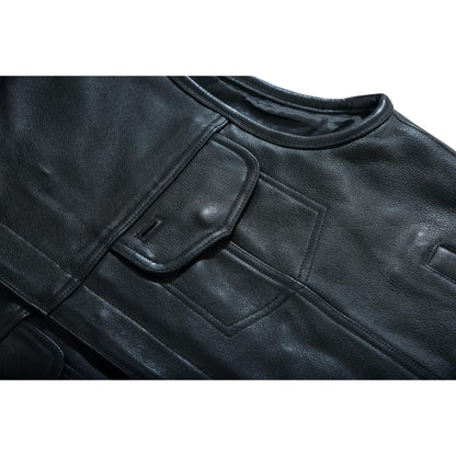 Highway Jack Men's Black Leather Motorcycle Vest Scoop Neck & Snap-Closure Pockets