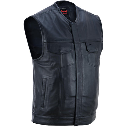 Men's Titan Black Leather Vest -  Milled Cowhide, Hidden Zipper