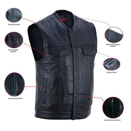 Men's Titan Black Leather Vest -  Milled Cowhide, Hidden Zipper