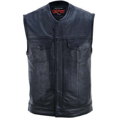 Men's Titan Black Leather Vest -  Milled Cowhide, Hidden Zipper