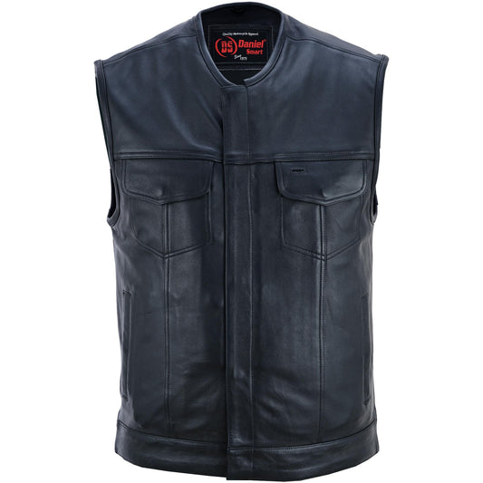Men's Titan Black Leather Vest -  Milled Cowhide, Hidden Zipper