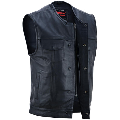 Men's Titan Black Leather Vest -  Milled Cowhide, Hidden Zipper
