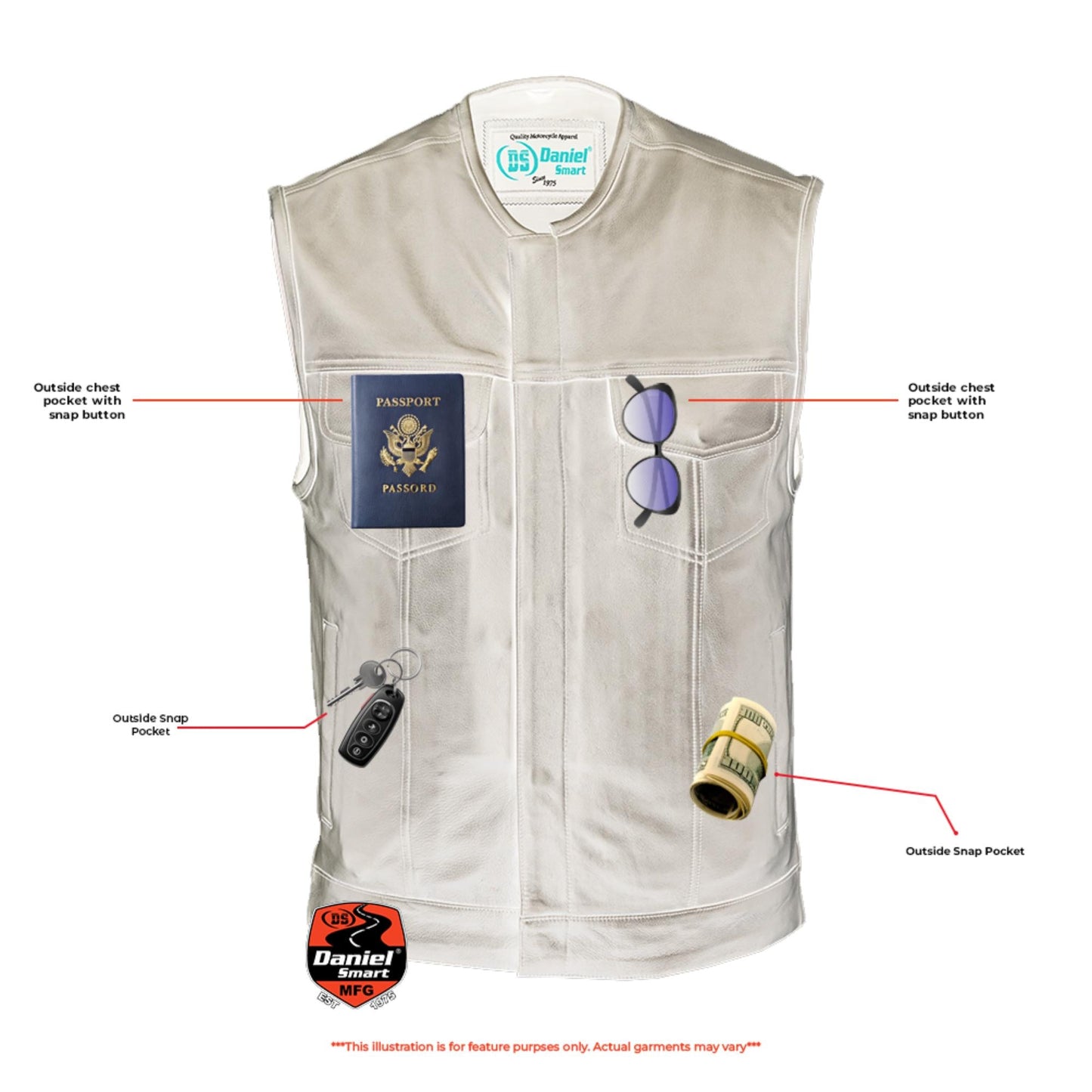 Men's Titan Black Leather Vest -  Milled Cowhide, Hidden Zipper