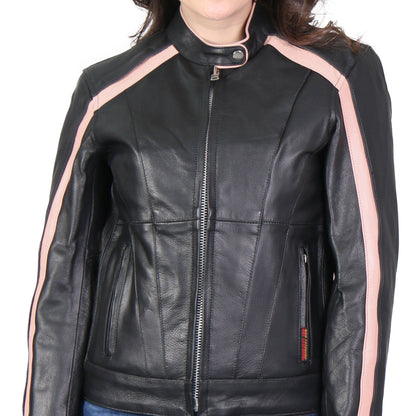 Hot Leathers JKL1022 Pink Striped Motorcycle Leather Biker Jacket with Reflective Piping