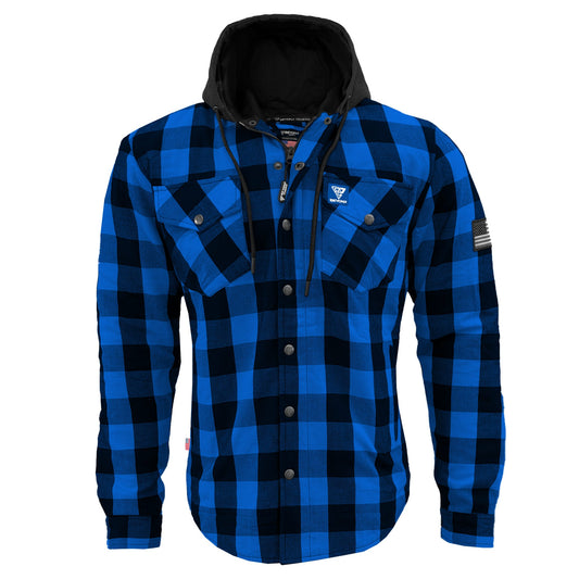 Protective Flannel Hoodie For Men - Blue and Black Checkered with Pads