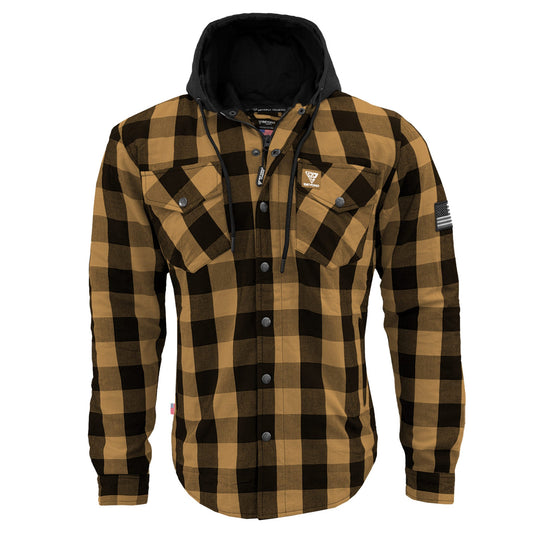 Protective Flannel Hoodie For Men - Camel and Black Checkered with Pads
