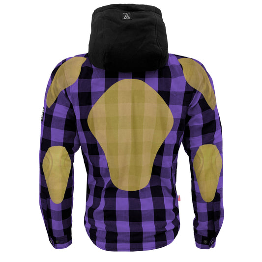 Protective Flannel Hoodie For Men - Purple and Black Checkered with Pads