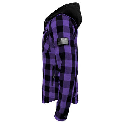 Protective Flannel Hoodie For Men - Purple and Black Checkered with Pads