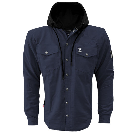 Protective Flannel Hoodie For Men - Navy Blue Solid with Pads
