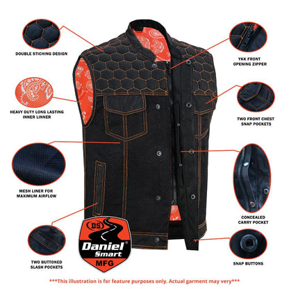 Night Tiger Men's Black Mesh Textile Vest with Orange Diamond Stitch