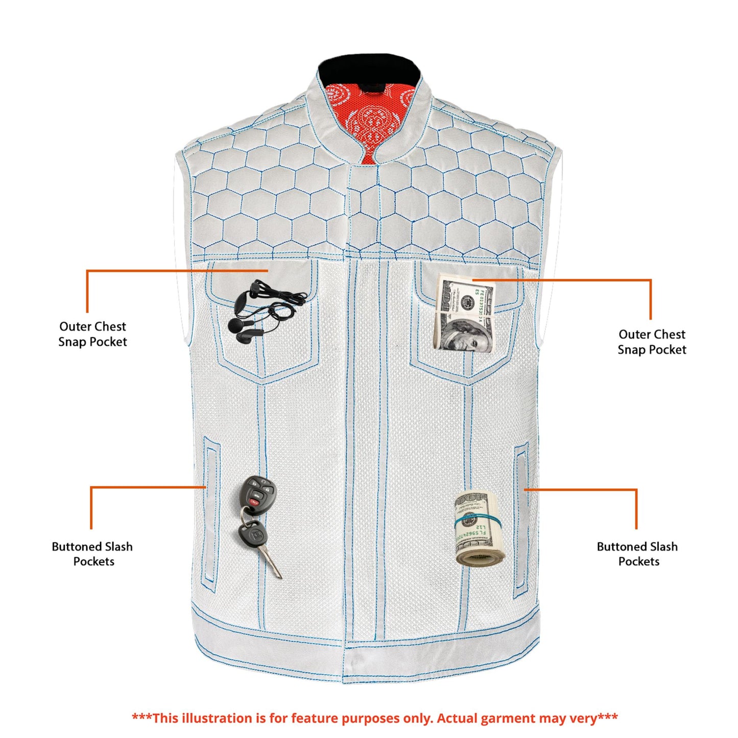 Night Tiger Men's Black Mesh Textile Vest with Orange Diamond Stitch