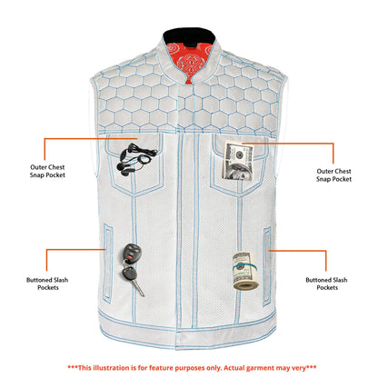 Night Tiger Men's Black Mesh Textile Vest with Orange Diamond Stitch