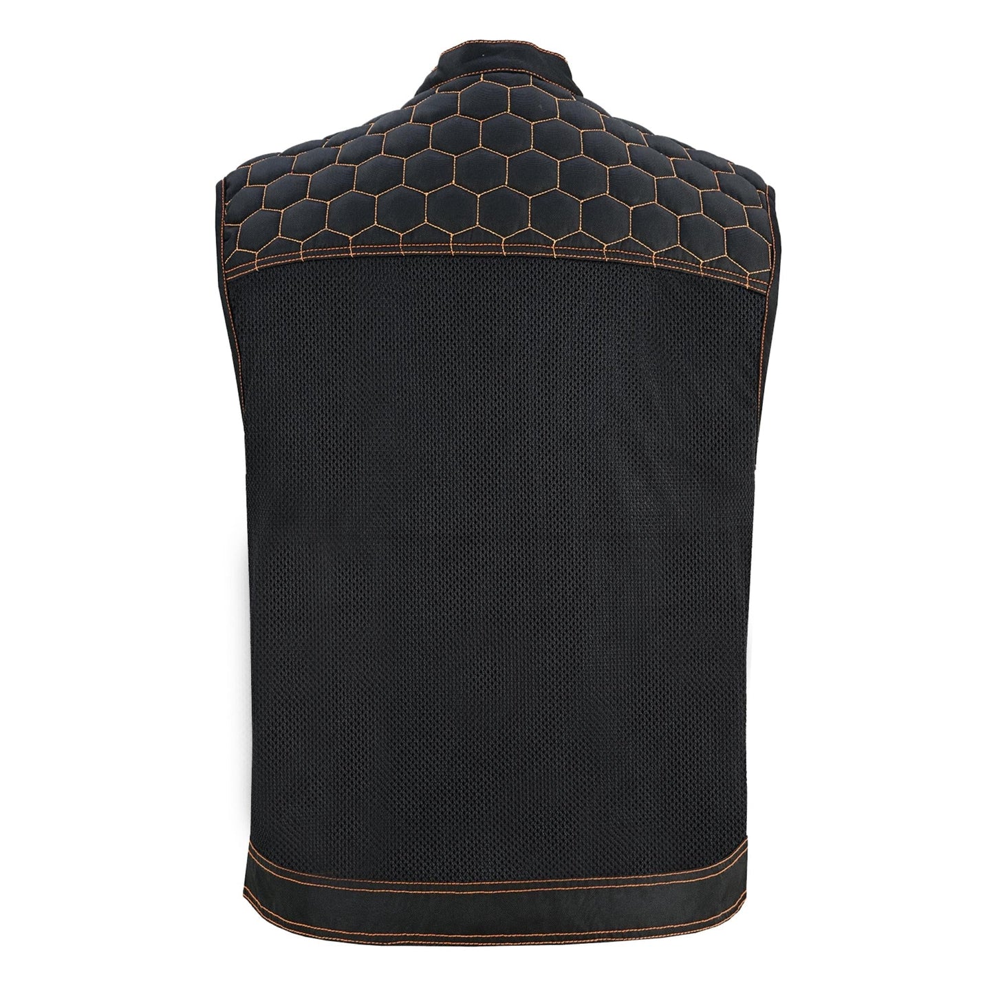 Night Tiger Men's Black Mesh Textile Vest with Orange Diamond Stitch