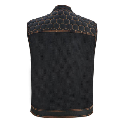 Night Tiger Men's Black Mesh Textile Vest with Orange Diamond Stitch