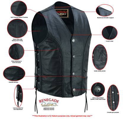 Charlie Men's Black Braided Leather Motorcycle Vest & Lace-Up Sides