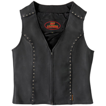 Hot Leathers VSL1015 Ladies Studded Black Motorcycle style Leather Biker Vest with V-Neck Design