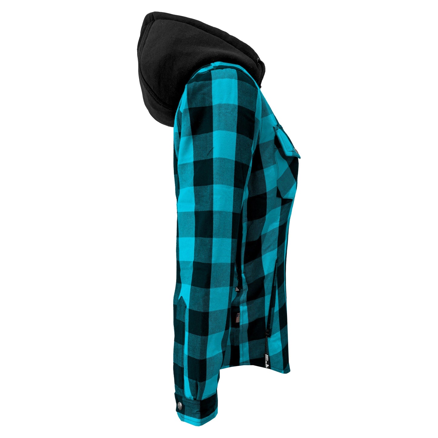 Protective Flannel Hoodie for Women - Aqua Blue and Black Checkered with Pads