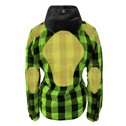 Protective Flannel Hoodie for Women - Green and Black Checkered with Pads
