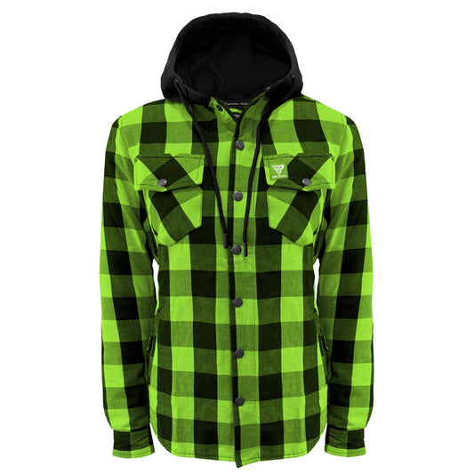 Protective Flannel Hoodie for Women - Green and Black Checkered with Pads