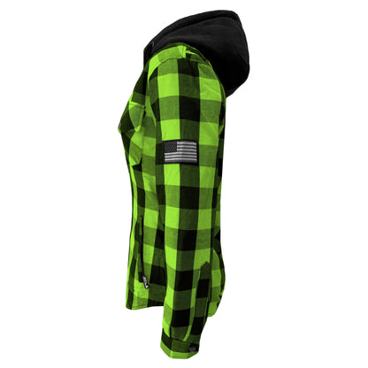 Protective Flannel Hoodie for Women - Green and Black Checkered with Pads