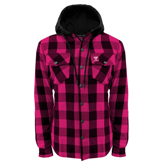 Protective Flannel Hoodie for Women - Pink and Black Checkered with Pads