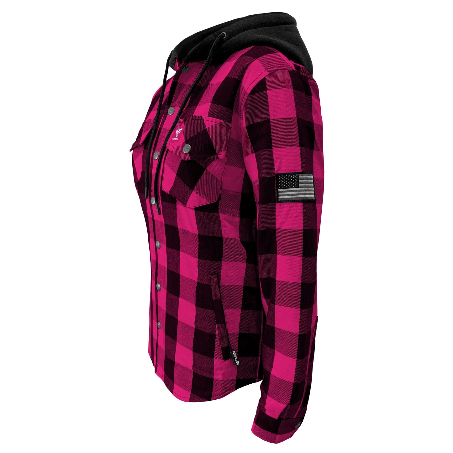 Protective Flannel Hoodie for Women - Pink and Black Checkered with Pads