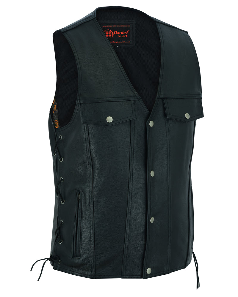 Men's Black Leather Vest with Side Laces and Smart Access Pockets