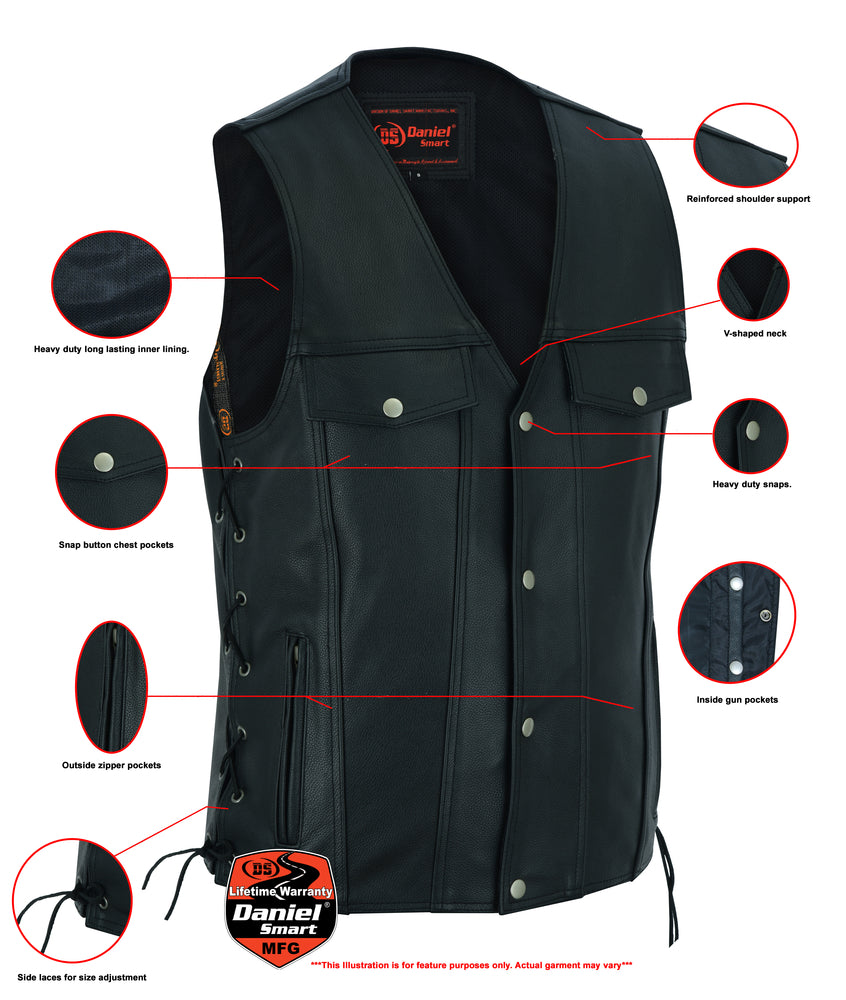 Men's Black Leather Vest with Side Laces and Smart Access Pockets