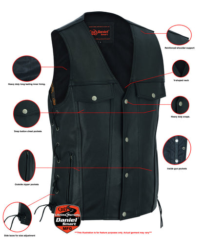Men's Black Leather Vest with Side Laces and Smart Access Pockets