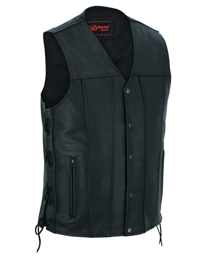 Men's Tall Classic Tapered Bottom Biker Leather Vest- Black