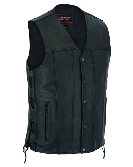 Men's Tall Classic Tapered Bottom Biker Leather Vest- Black