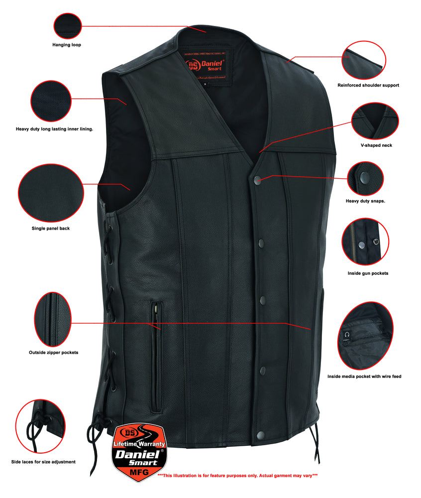 Men's Tall Classic Tapered Bottom Biker Leather Vest- Black