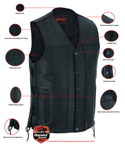 Men's Tall Classic Tapered Bottom Biker Leather Vest- Black