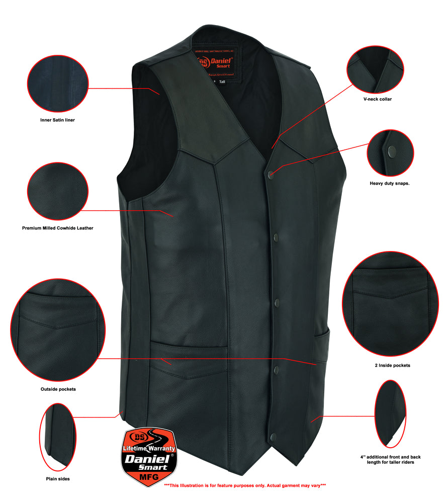 Men's Tall Classic Motorcycle Leather Vest - Black