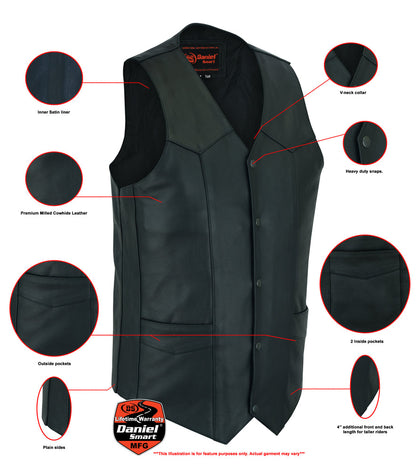 Men's Tall Classic Motorcycle Leather Vest - Black