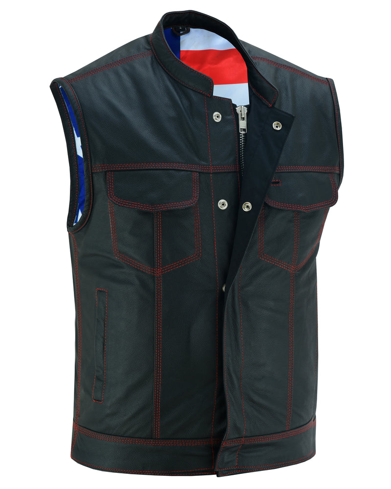 Mens's Leather Motorcycle Vest with Scoop Collar & USA Flag