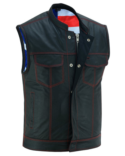 Mens's Leather Motorcycle Vest with Scoop Collar & USA Flag