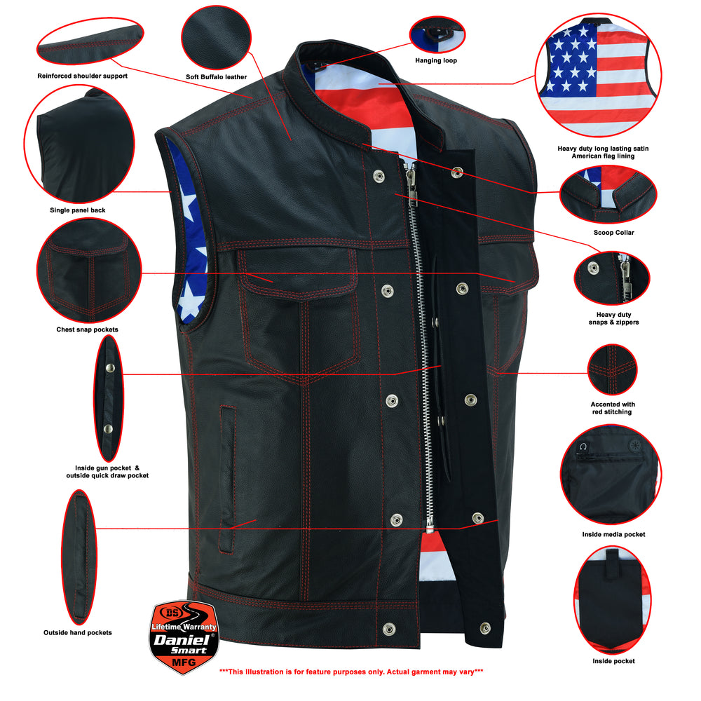 DS165 MEN'S LEATHER VEST WITH RED STITCHING AND USA INSIDE FLAG LININ