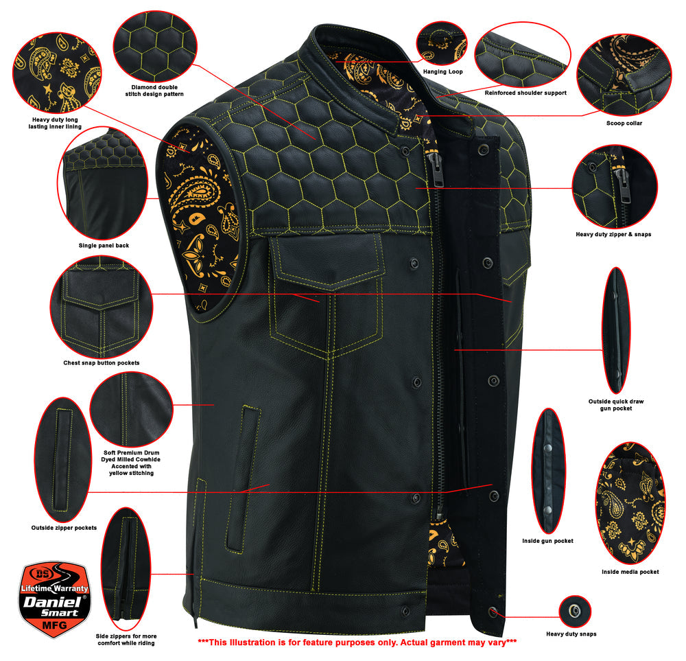 Men's Gold Rush Black Leather Vest - Yellow Stitching