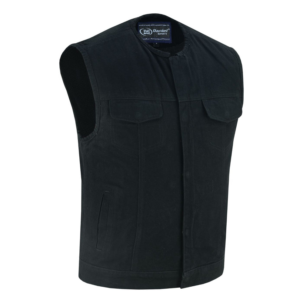 Mens Black Denim Motorcycle Vest with Concealed Snaps & Zipper