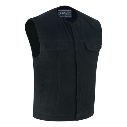 Mens Black Denim Motorcycle Vest with Concealed Snaps & Zipper