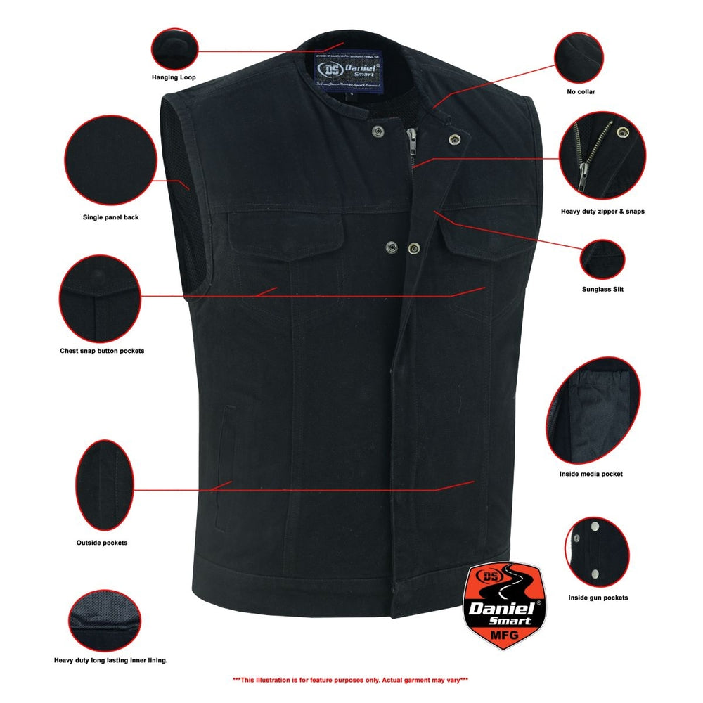 Mens Black Denim Motorcycle Vest with Concealed Snaps & Zipper