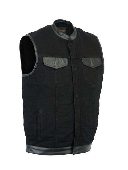 Men's Black Denim Single Panel Concealment Vest W/ Leather Trim