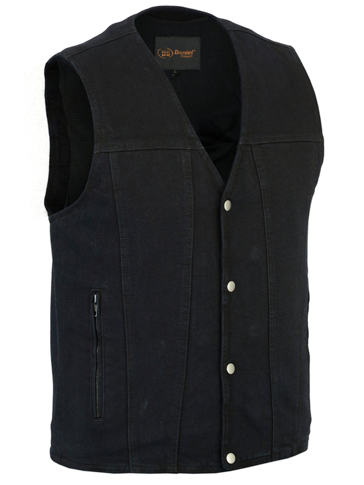 Men's Black Plain sides Denim Motorcycle Vest –  Heavy Snaps