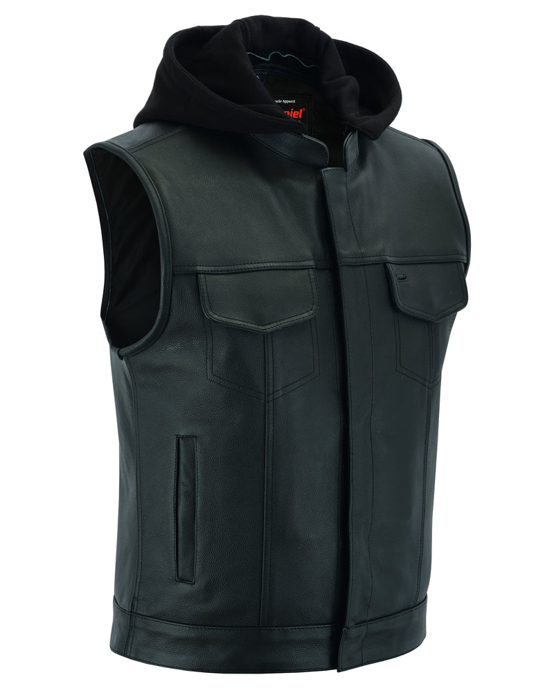 Men's Black Leather Motorcycle Vest with Removable Hood
