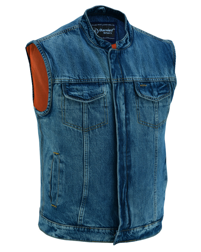 Men's Blue Denim Motorcycle Vest with Lace & Pockets